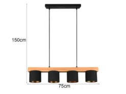 Pendelleuchte CAMERON Holzbalken 4-flammig Stoffschirme Schwarz Gold, B: 75cm