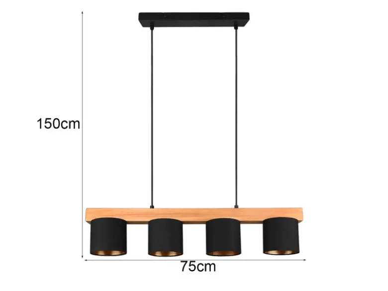 Pendelleuchte CAMERON Holzbalken 4-flammig Stoffschirme Schwarz Gold, B: 75cm