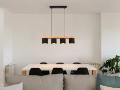Pendelleuchte CAMERON Holzbalken 4-flammig Stoffschirme Schwarz Gold, B: 75cm