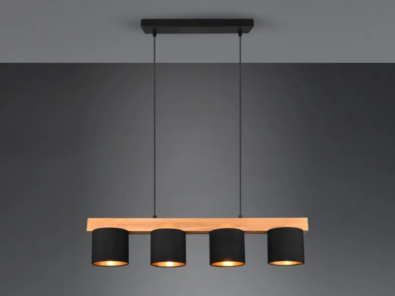 Pendelleuchte CAMERON Holzbalken 4-flammig Stoffschirme Schwarz Gold, B: 75cm
