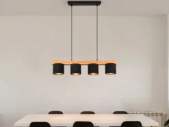 Pendelleuchte CAMERON Holzbalken 4-flammig Stoffschirme Schwarz Gold, B: 75cm