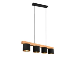 Pendelleuchte CAMERON Holzbalken 4-flammig Stoffschirme Schwarz Gold, B: 75cm