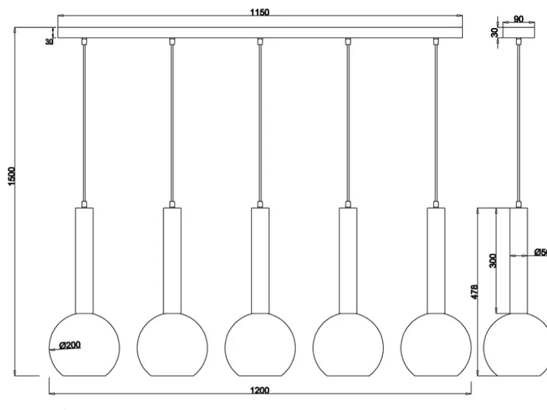 Pendelleuchte CLAYTON 5-flammig lang mit Rauchglas Glaskugeln, Breite 115cm