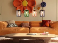 Pendelleuchte CORK, Lampenschirme bunt aus recyceltem Glas, Breite 90cm