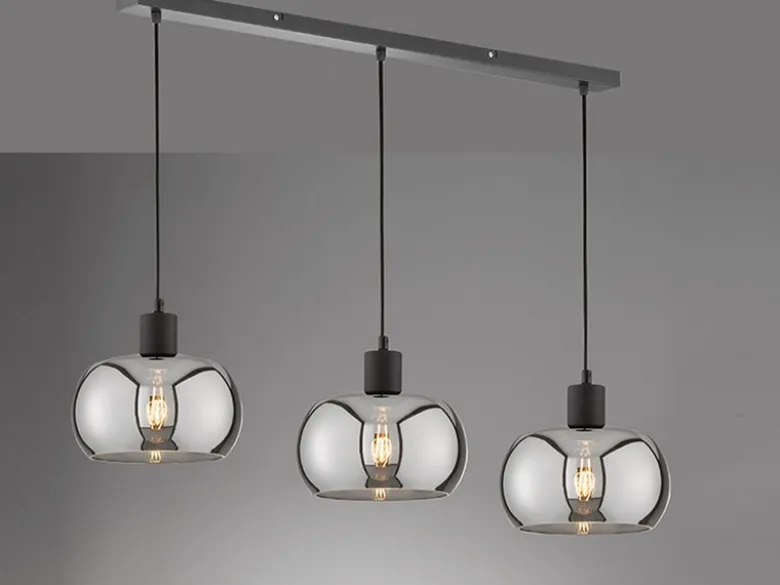 Pendelleuchte DIMA 3 flammig Design Rauchglas Industrial Länge 110cm