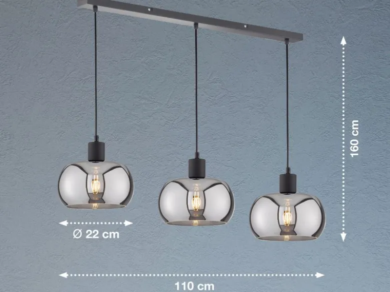 Pendelleuchte DIMA 3 flammig Design Rauchglas Industrial Länge 110cm