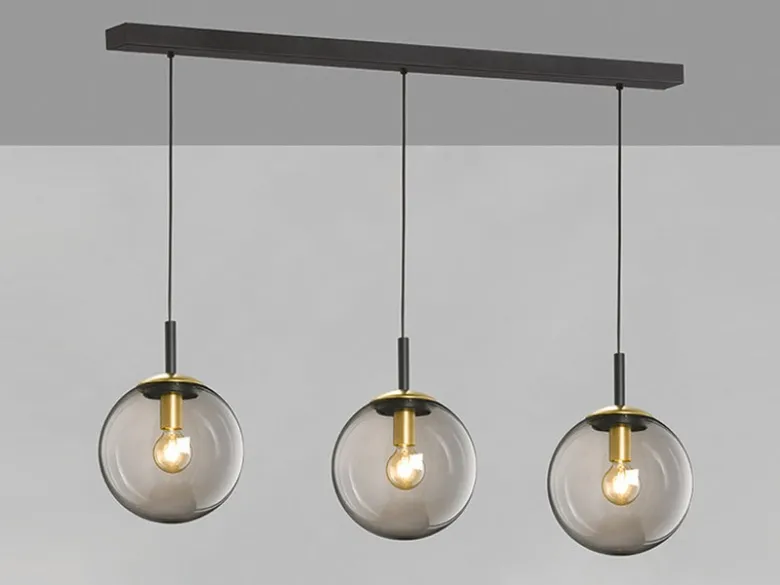 Pendelleuchte DINI 3-flammig lang mit Glaskugeln aus Rauchglas, Breite 115cm