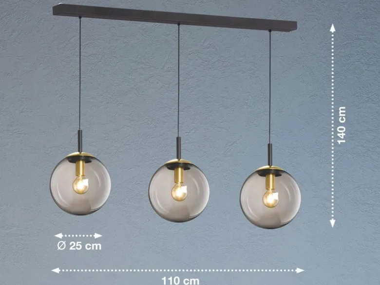 Pendelleuchte DINI 3-flammig lang mit Glaskugeln aus Rauchglas, Breite 115cm