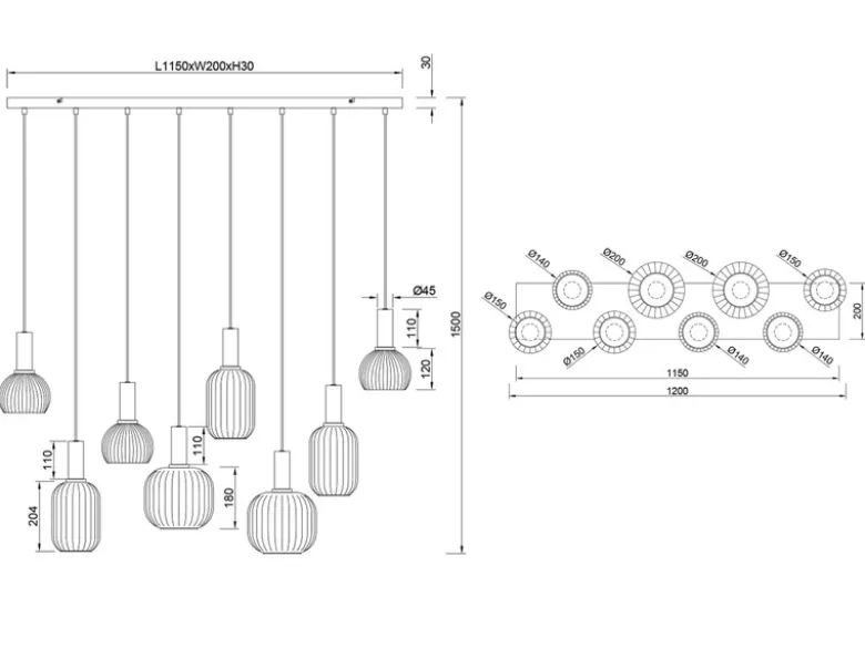 Pendelleuchte DIVA 8-flammig mit Glasschirmen Chrom bedampft, Breite 120cm