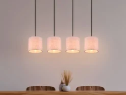 Pendelleuchte ELMAU mit Stoffschirmen Beige & Naturholz Baldachin, Breite 100cm