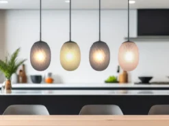 Pendelleuchte FACETTE 4-flammig mit farbigen ovalen Glasschirmen, B: 117cm