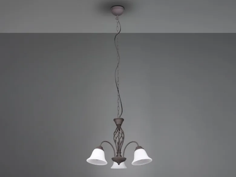 Pendelleuchte 3-flammig in Rostoptik, Glasschirme Weiß mit E14 LED, Ø 55cm