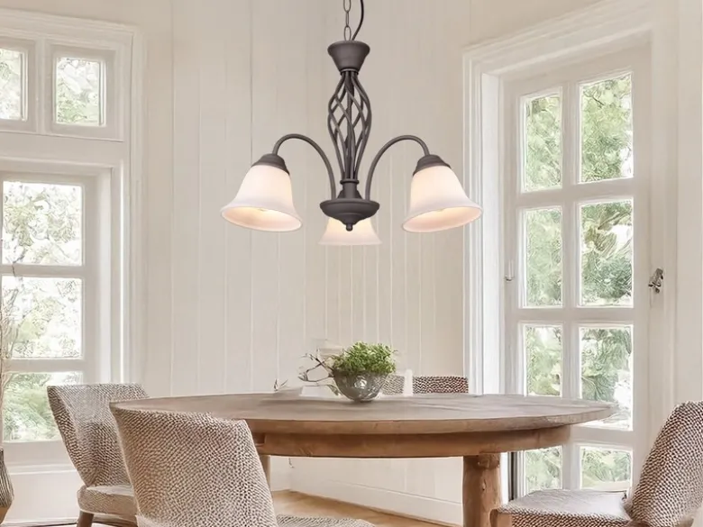 Pendelleuchte 3-flammig in Rostoptik, Glasschirme Weiß mit E14 LED, Ø 55cm