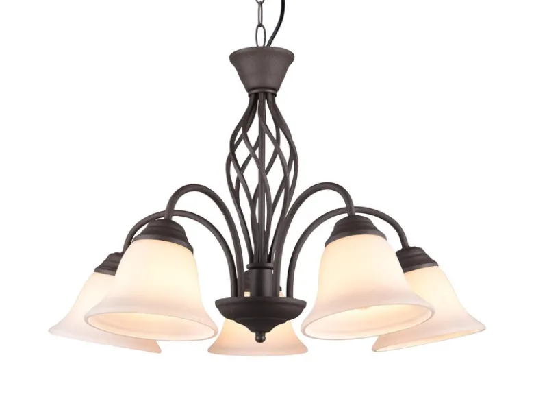 Pendelleuchte 5-flammig in Rostoptik, Glasschirme Weiß mit E14 LED, Ø 60cm