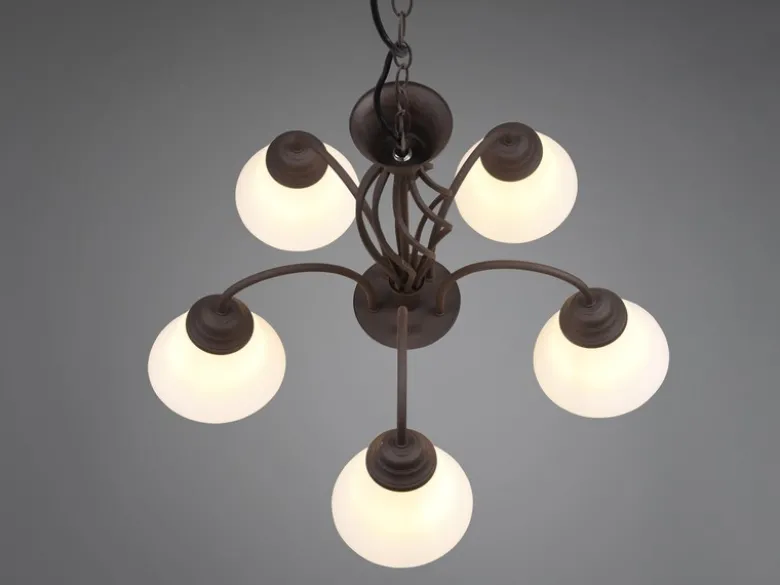 Pendelleuchte 5-flammig in Rostoptik, Glasschirme Weiß mit E14 LED, Ø 60cm