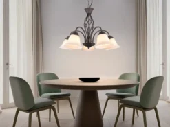 Pendelleuchte 5-flammig in Rostoptik, Glasschirme Weiß mit E14 LED, Ø 60cm