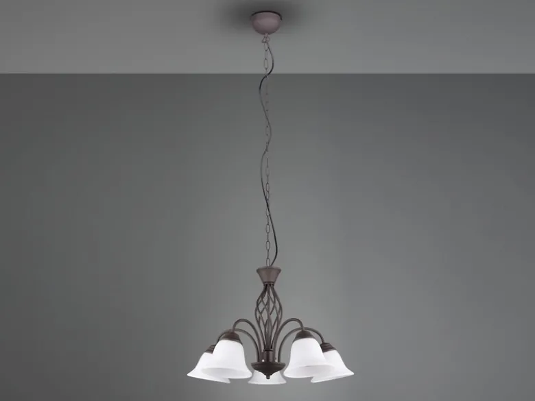 Pendelleuchte 5-flammig in Rostoptik, Glasschirme Weiß mit E14 LED, Ø 60cm