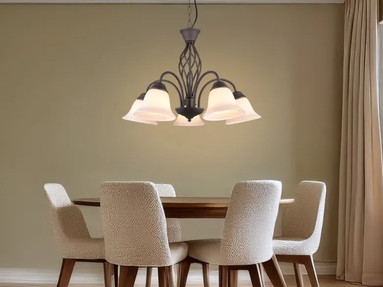 Pendelleuchte 5-flammig in Rostoptik, Glasschirme Weiß mit E14 LED, Ø 60cm