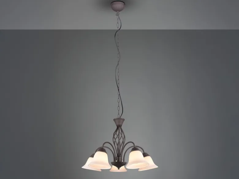 Pendelleuchte 5-flammig in Rostoptik, Glasschirme Weiß mit E14 LED, Ø 60cm