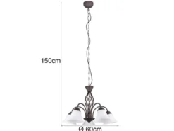 Pendelleuchte 5-flammig in Rostoptik, Glasschirme Weiß mit E14 LED, Ø 60cm