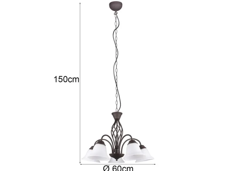Pendelleuchte 5-flammig in Rostoptik, Glasschirme Weiß mit E14 LED, Ø 60cm