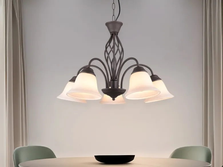 Pendelleuchte 5-flammig in Rostoptik, Glasschirme Weiß mit E14 LED, Ø 60cm