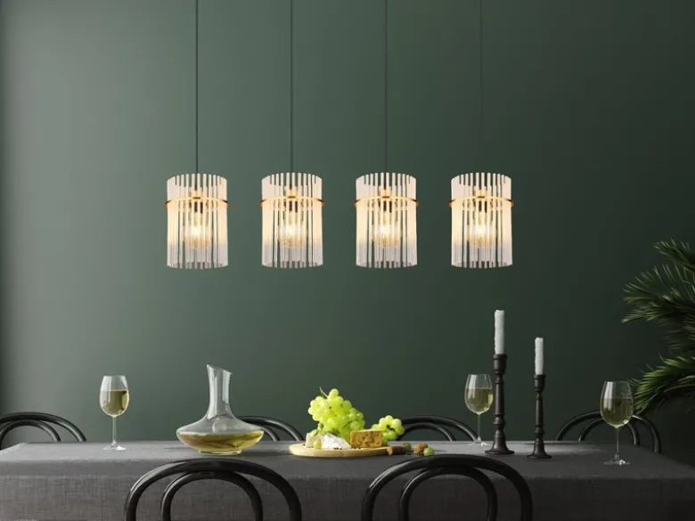 Pendelleuchte GORLEY 4-flammig mit transparenten Echtglas Stäben, Breite 110cm