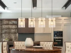Pendelleuchte GORLEY 4-flammig mit transparenten Echtglas Stäben, Breite 110cm