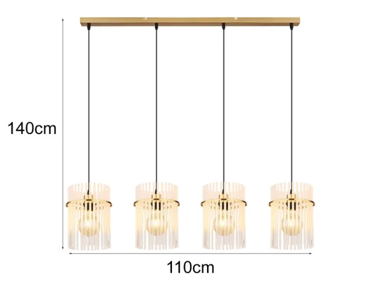 Pendelleuchte GORLEY 4-flammig mit transparenten Echtglas Stäben, Breite 110cm