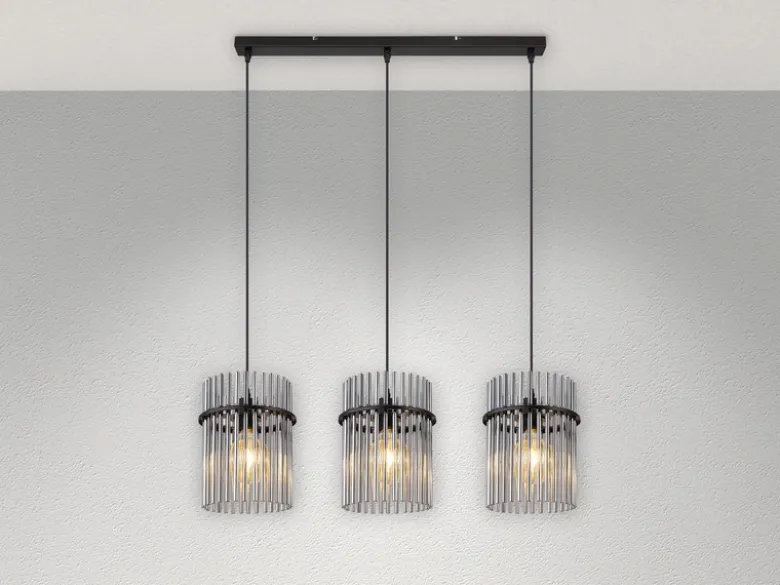 Pendelleuchte GORLEY 3-flammig mit Rauchglas Stäben, Breite 80cm