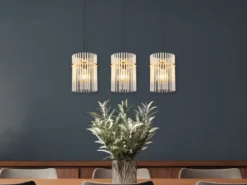 Pendelleuchte GORLEY 3-flammig mit transparenten Echtglas Stäben, Breite 80cm