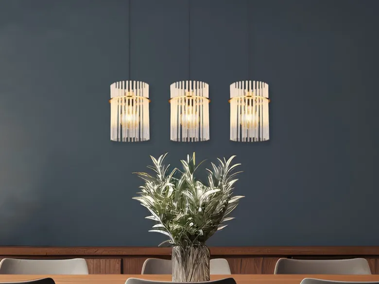 Pendelleuchte GORLEY 3-flammig mit transparenten Echtglas Stäben, Breite 80cm