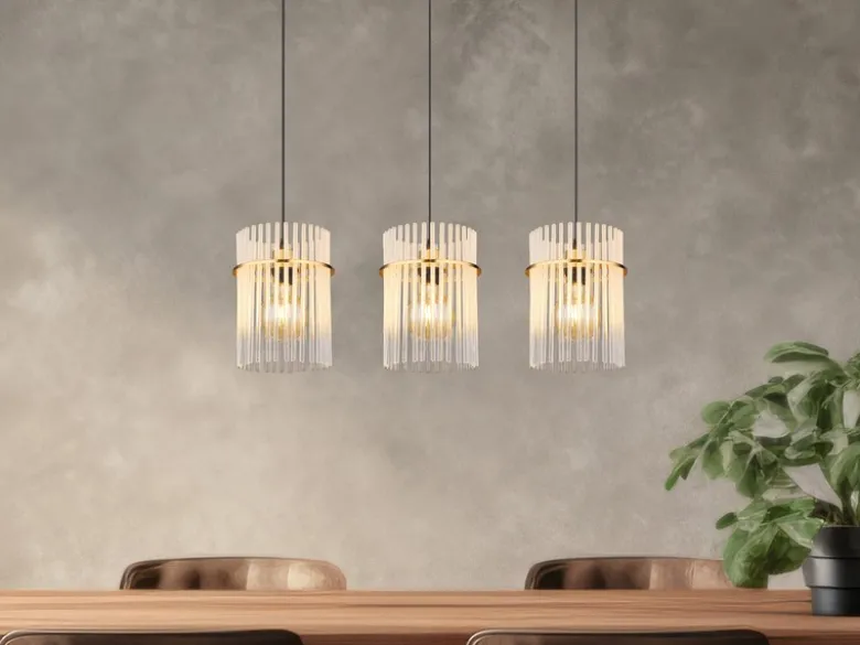 Pendelleuchte GORLEY 3-flammig mit transparenten Echtglas Stäben, Breite 80cm