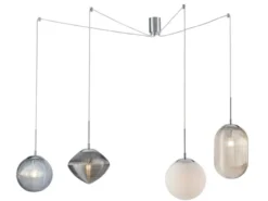 Pendelleuchte GREENWICH mit 4 Relief Glas Lampenschirmen, Abhängung bis 250cm