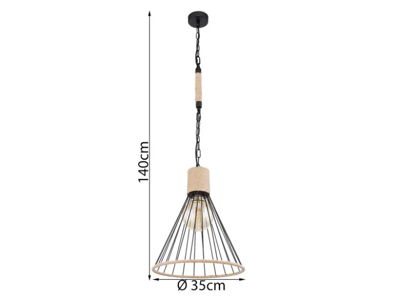 Pendelleuchte HALIA Drahtlampe Metall Schwarz mit Hanfseil, Ø 35cm