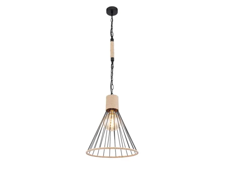 Pendelleuchte HALIA Drahtlampe Metall Schwarz mit Hanfseil, Ø 35cm