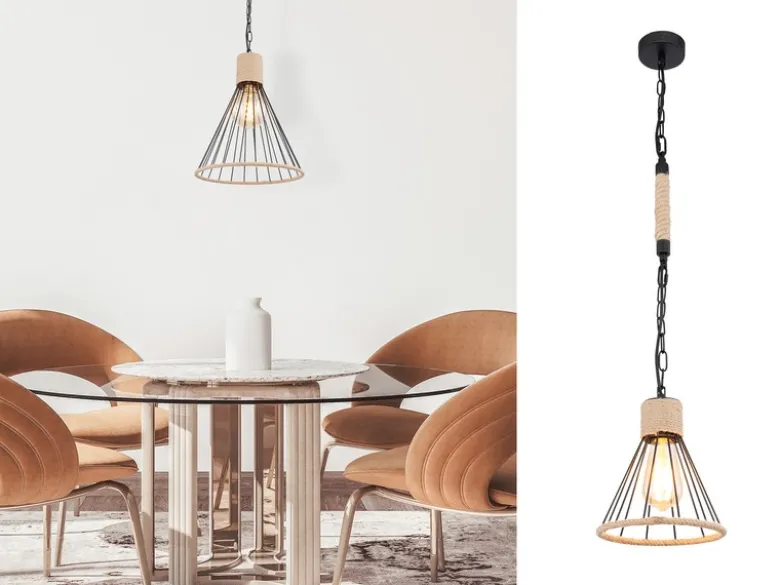 Pendelleuchte HALIA Drahtlampe Metall Schwarz mit Hanfseil, Ø 35cm