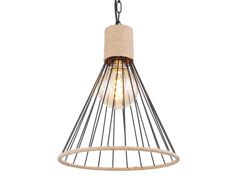 Pendelleuchte HALIA Drahtlampe Metall Schwarz mit Hanfseil, Ø 35cm