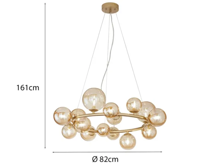Pendelleuchte HONEY 16-flammig Gold-Glaskugeln Bernsteinfarbig, Ø 82cm