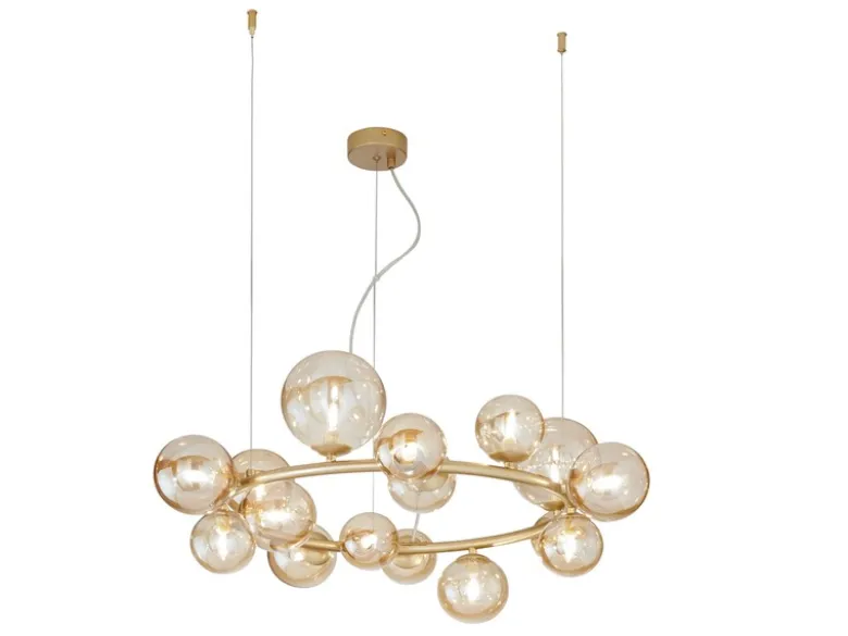 Pendelleuchte HONEY 16-flammig Gold-Glaskugeln Bernsteinfarbig, Ø 82cm