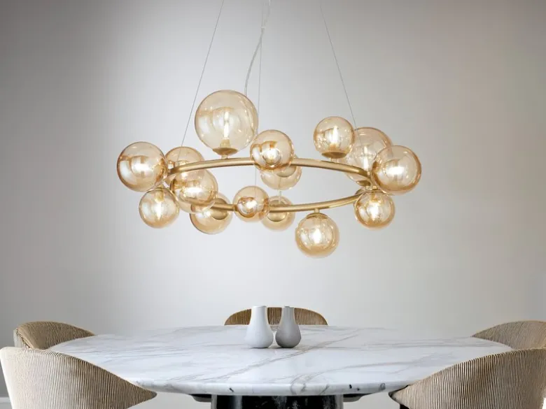 Pendelleuchte HONEY 16-flammig Gold-Glaskugeln Bernsteinfarbig, Ø 82cm