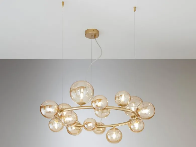 Pendelleuchte HONEY 16-flammig Gold-Glaskugeln Bernsteinfarbig, Ø 82cm