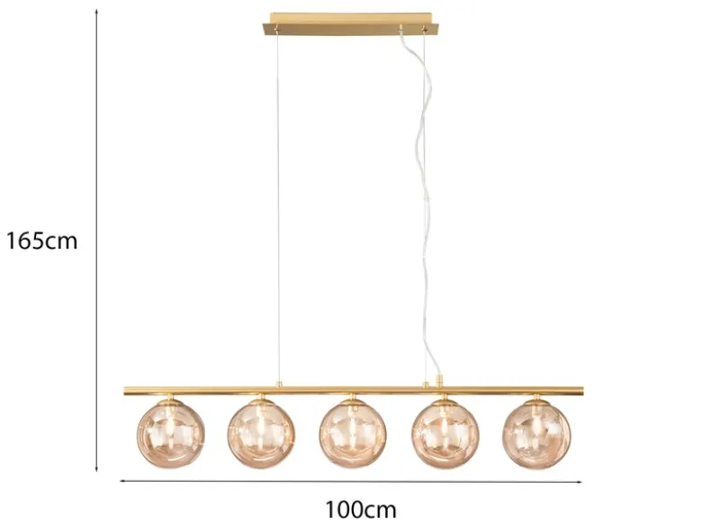 Pendelleuchte HONEY 5-flammig Gold-Glaskugeln Bernstein, Breite 100cm