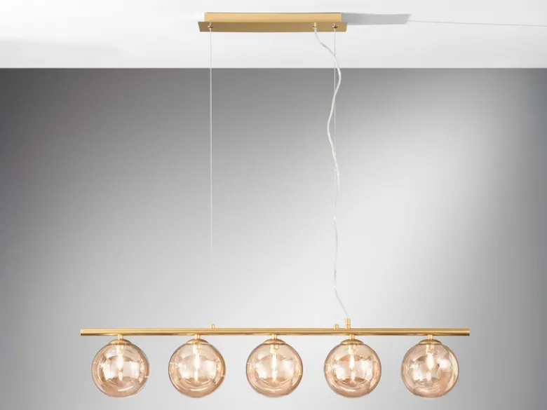 Pendelleuchte HONEY 5-flammig Gold-Glaskugeln Bernstein, Breite 100cm