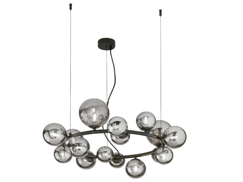 Pendelleuchte HONEY 16-flammig Schwarz-Glaskugeln Rauchglas, Ø 82cm