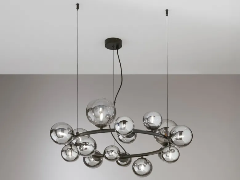 Pendelleuchte HONEY 16-flammig Schwarz-Glaskugeln Rauchglas, Ø 82cm