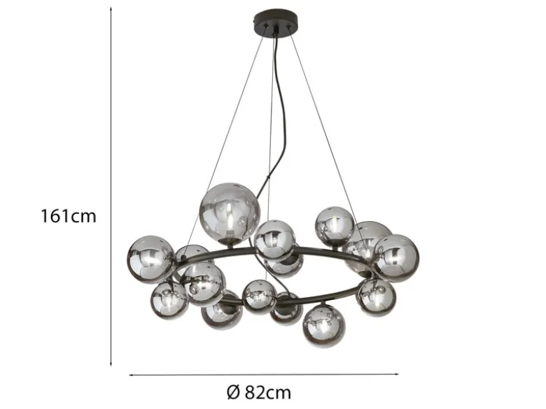 Pendelleuchte HONEY 16-flammig Schwarz-Glaskugeln Rauchglas, Ø 82cm