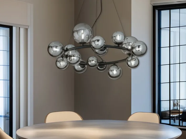 Pendelleuchte HONEY 16-flammig Schwarz-Glaskugeln Rauchglas, Ø 82cm