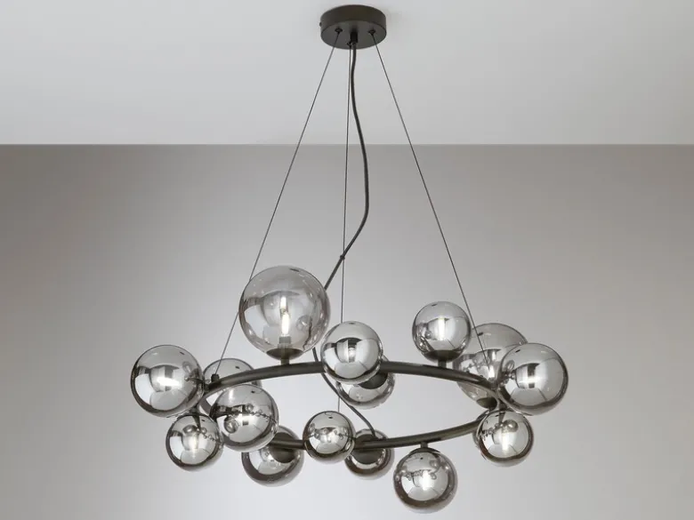 Pendelleuchte HONEY 16-flammig Schwarz-Glaskugeln Rauchglas, Ø 82cm