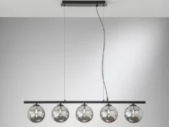 Pendelleuchte HONEY 5-flammig Schwarz-Glaskugeln Rauchglas, Breite 100cm